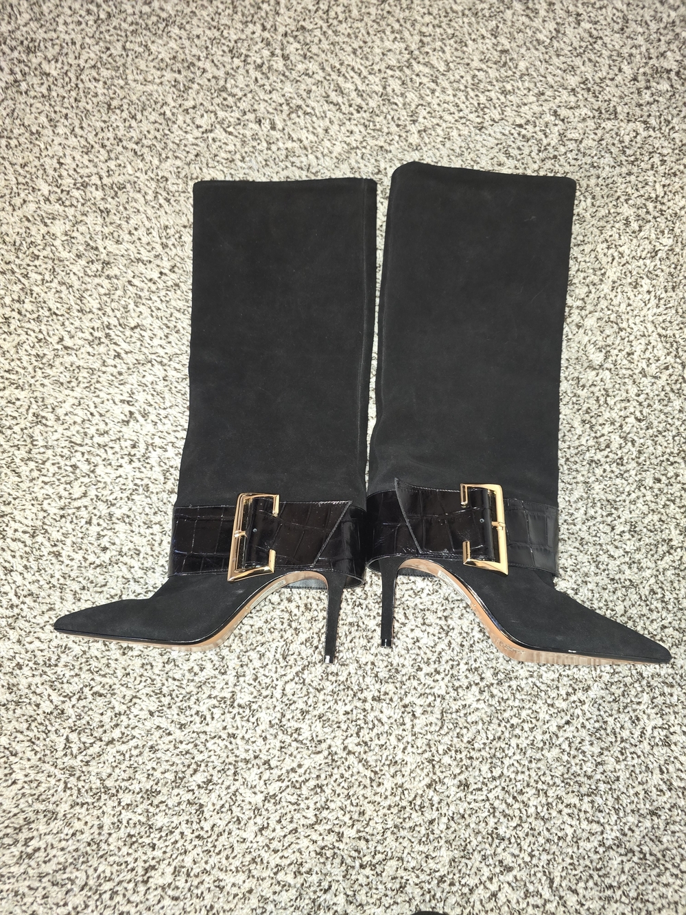 SCHUTZ Brand New Black Suede Knee-High Pointed-Toe Boot with Gold Buckle - Picture 3 of 5